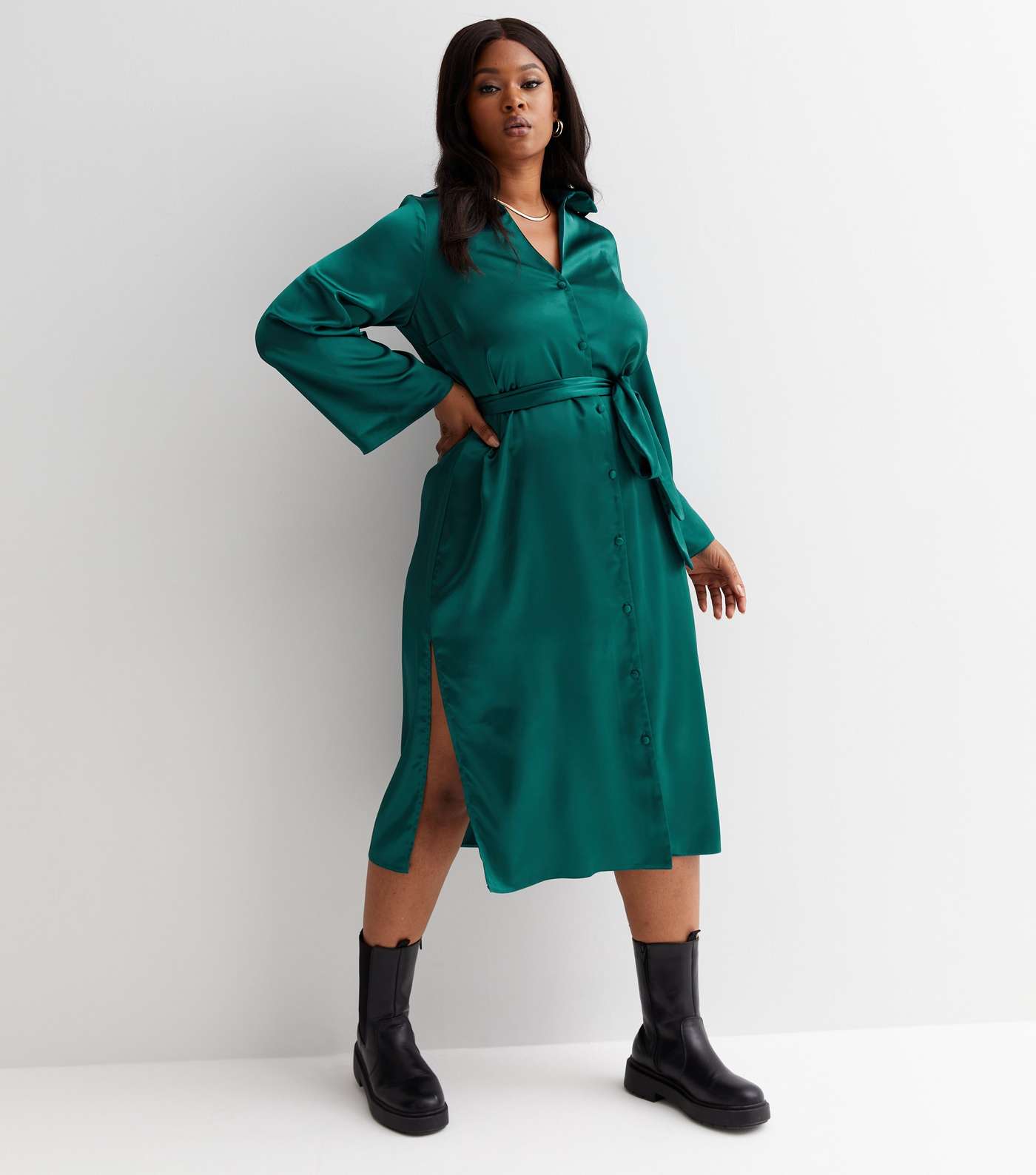 Curves Dark Green Satin Belted Split Hem Midi Shirt Dress