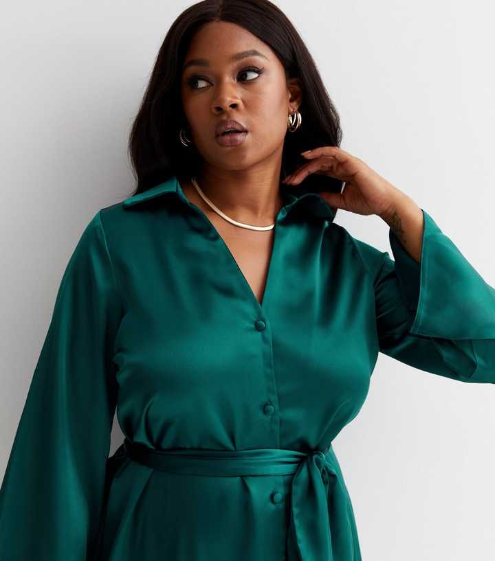 Women Blue & Green Satin Belted Shirt With Lounge Pants