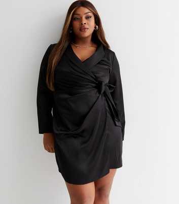 Curves Black Satin Shawl Collar Mini Wrap Dress