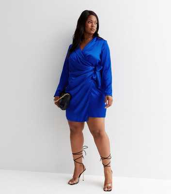Curves Bright Blue Satin Shawl Collar Mini Wrap Dress