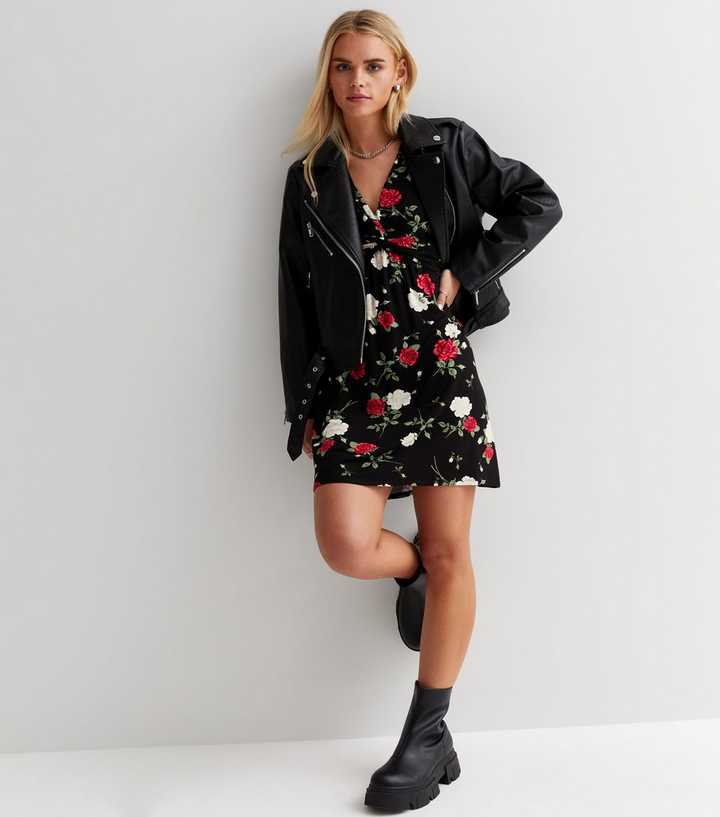 Petite Black Floral V Neck Twist Front Mini Dress