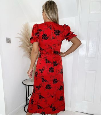 AX Paris Red Floral V Neck Frill Midi Dress New Look