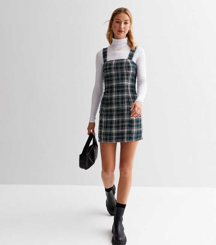 Green Check Bouclé Square Neck Strappy Pinafore Dress