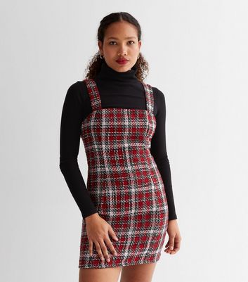 Red Check Boucle Mini Pinafore Dress New Look