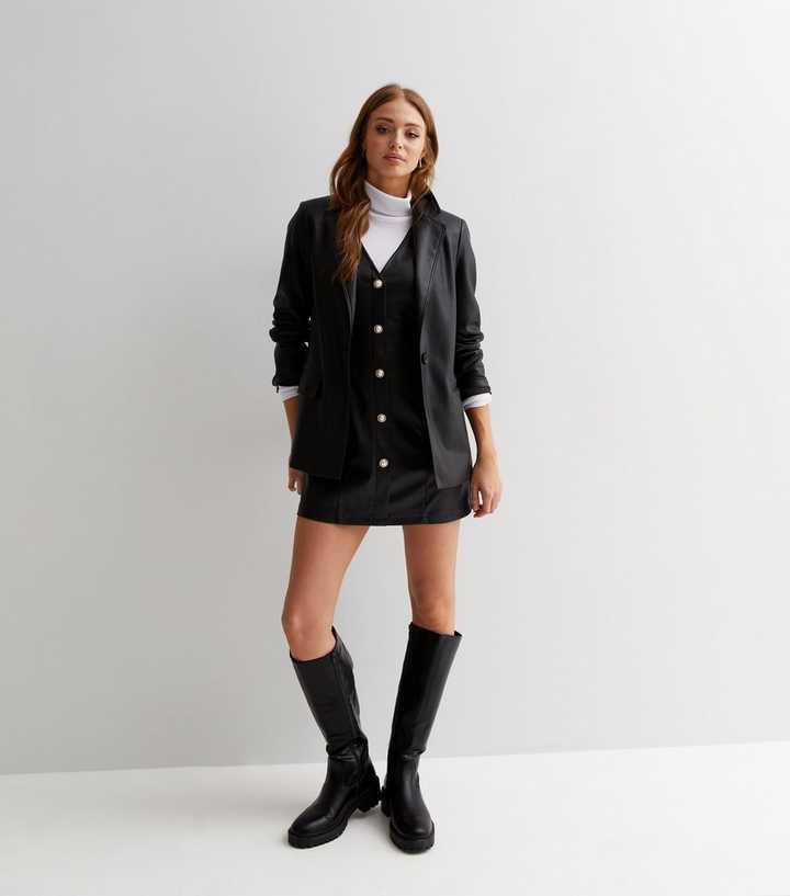 Black Leather-Look Faux Pearl Button Front Pinafore Dress | New Look