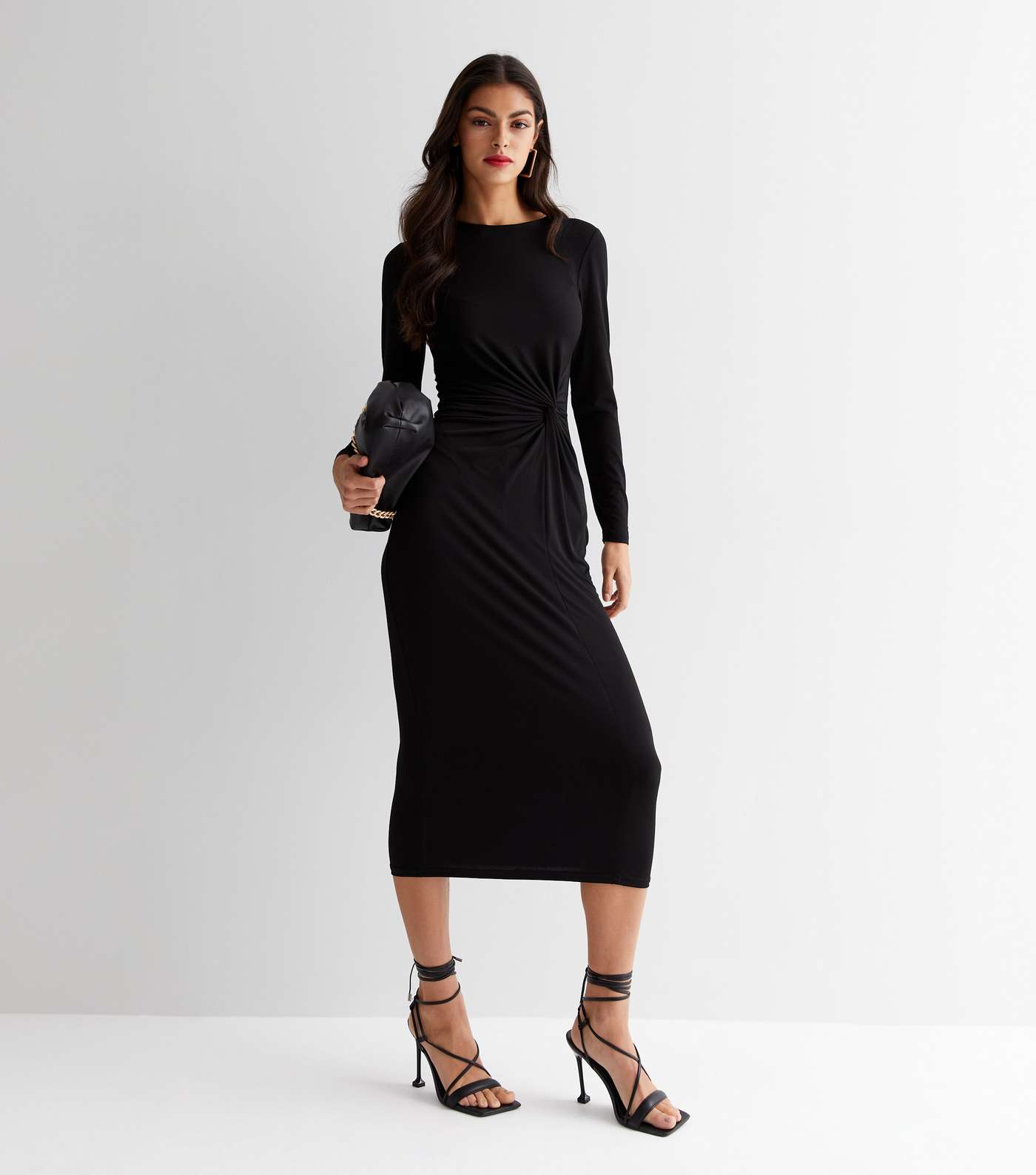 Black Jersey Twist Long Sleeve Midi Dress Image 2