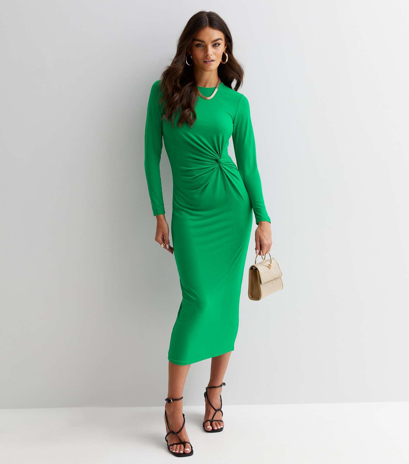 Dark Green Jersey Twist Long Sleeve Midi Dress