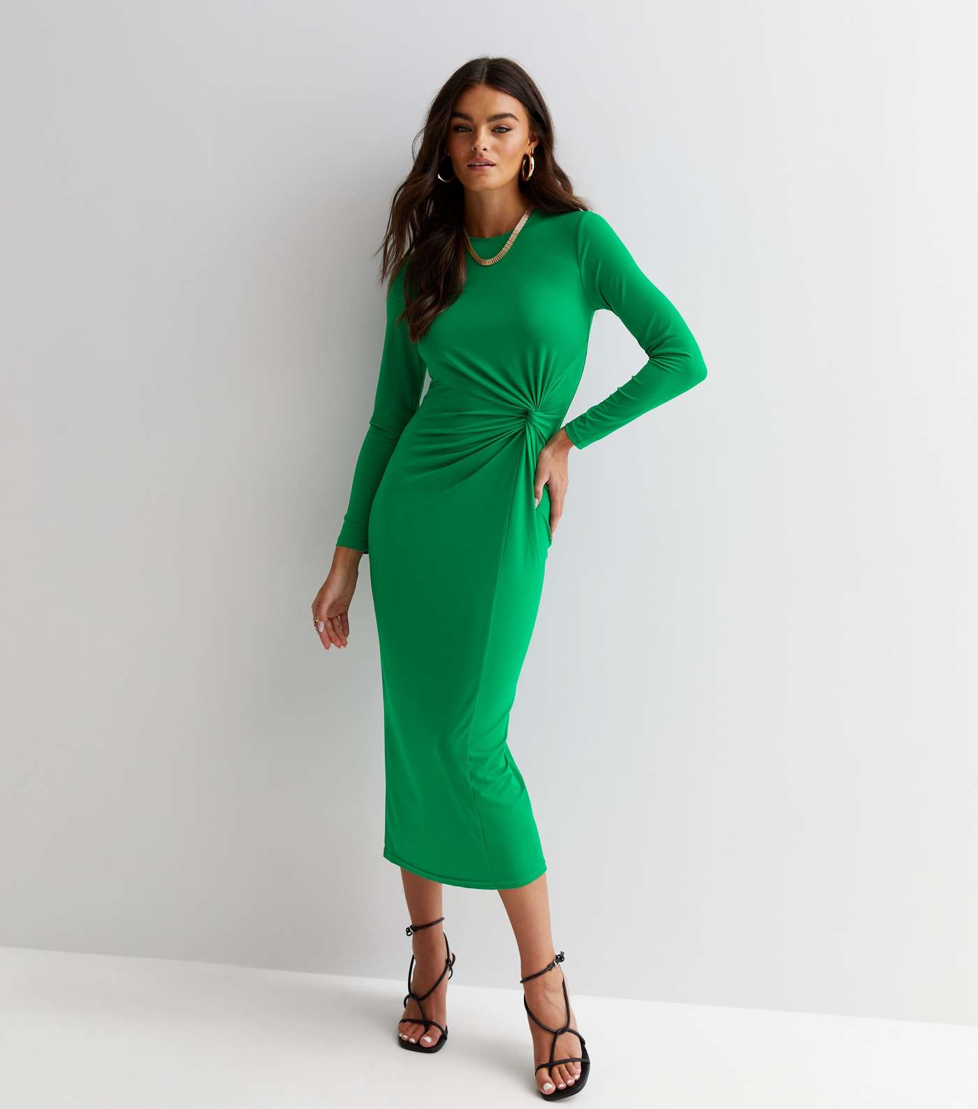 Dark Green Jersey Twist Long Sleeve Midi Dress Image 3