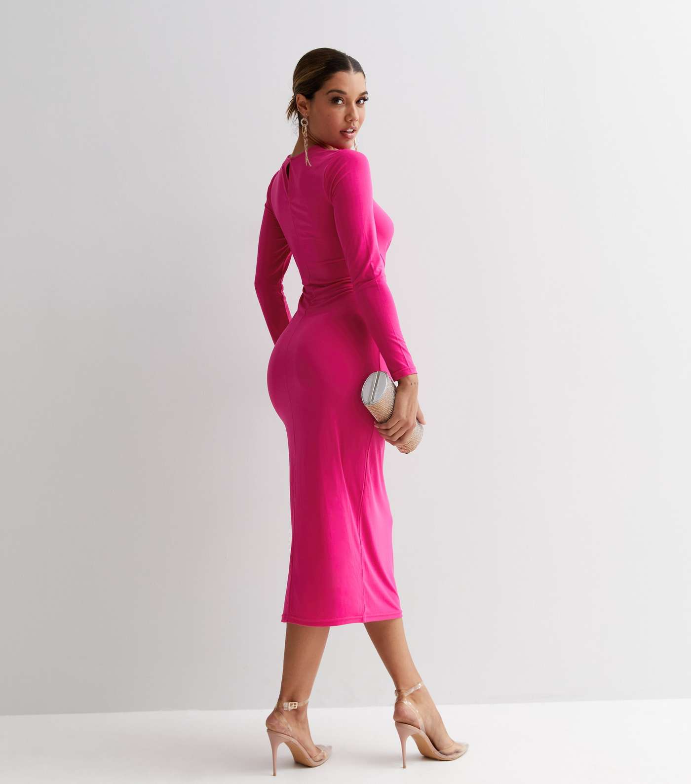 Bright Pink Jersey Twist Long Sleeve Midi Dress Image 4