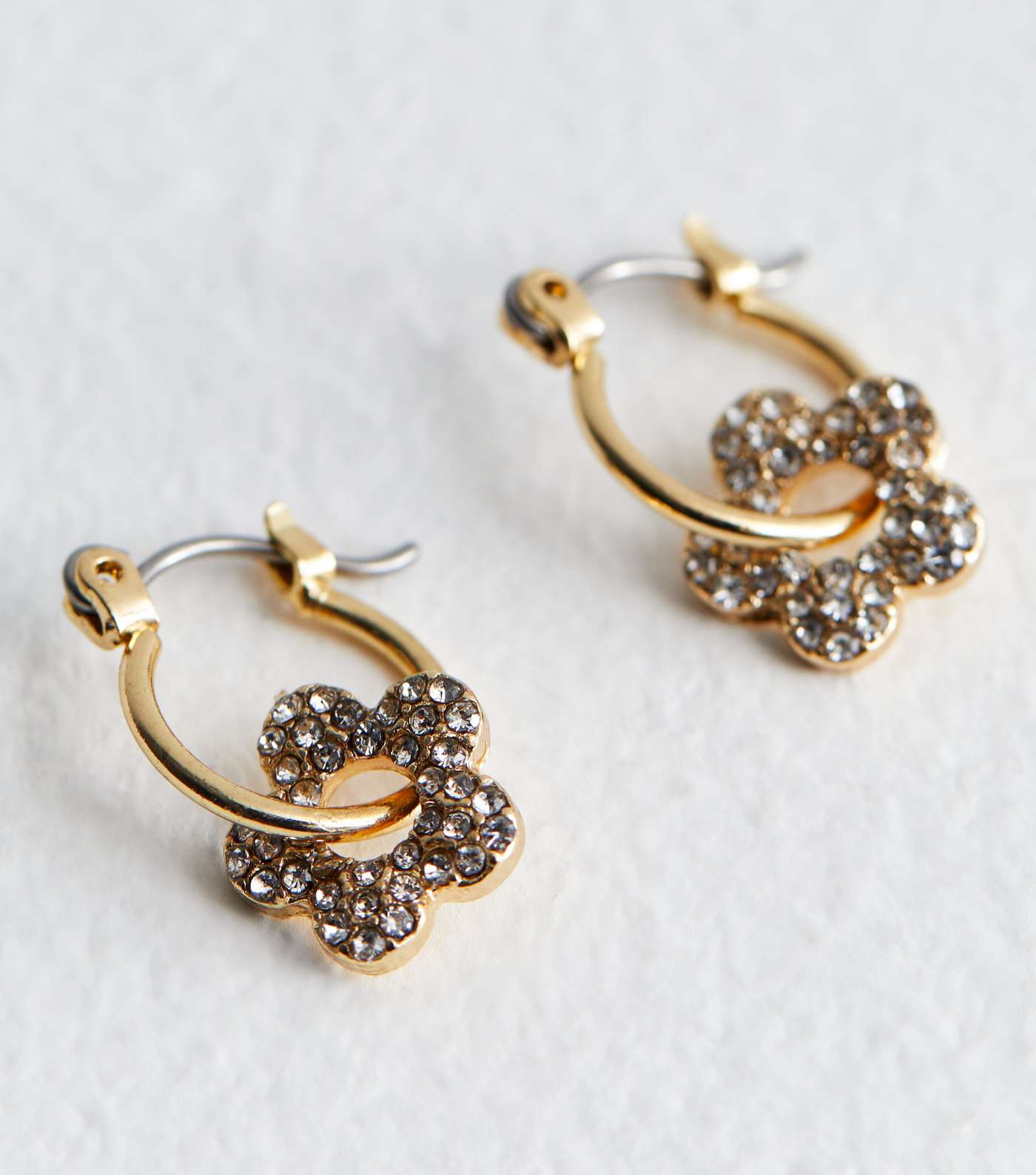 Gold Diamanté Flower Charm Huggie Hoop Earrings Image 3