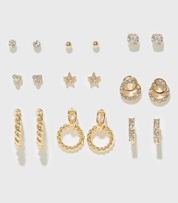 9 Pack Gold Diamant Stud and Hoop Earrings