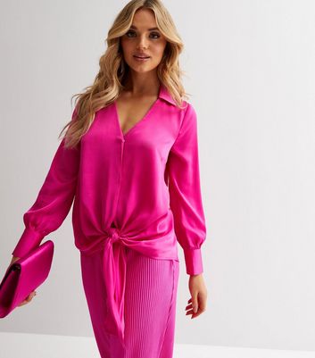 Own the Night Bright Pink Satin Tie Front Shirt | New Look