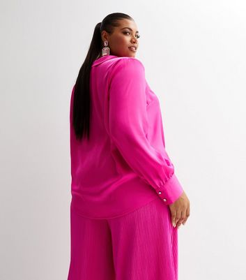 Own the Night Bright Pink Satin Tie Front Shirt | New Look