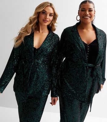 Time to Shine Dark Green Sequin Belted Blazer