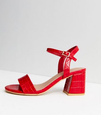 Red Croc Block Heel Sandals New Look