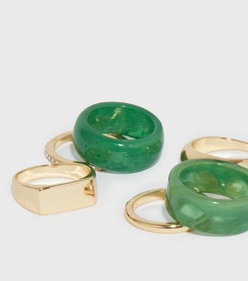 6 Pack Green Resin and Gold Rings New Look