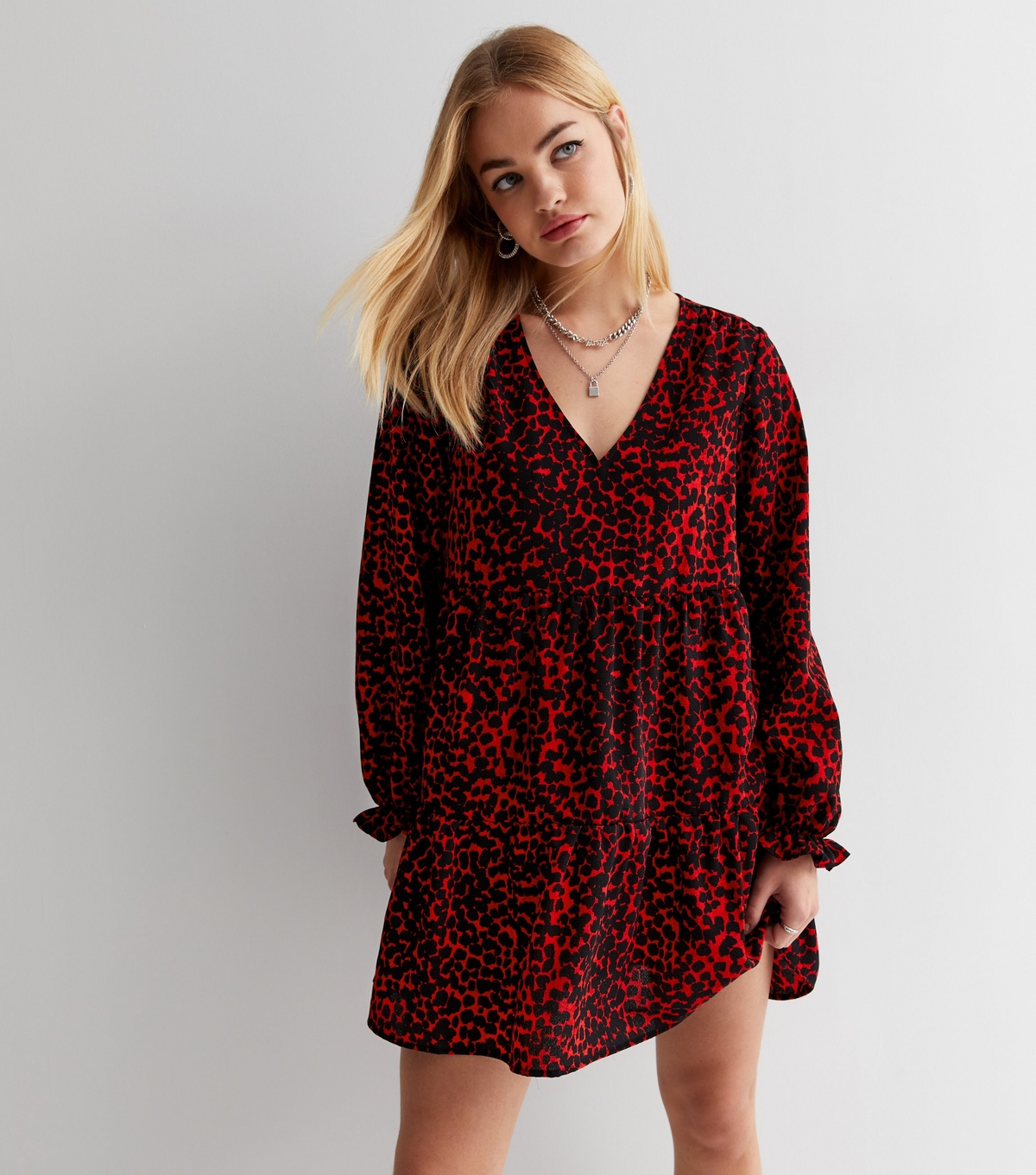 Women's Red Animal Print Long Puff Sleeve Tiered Mini Smock Dress New Look