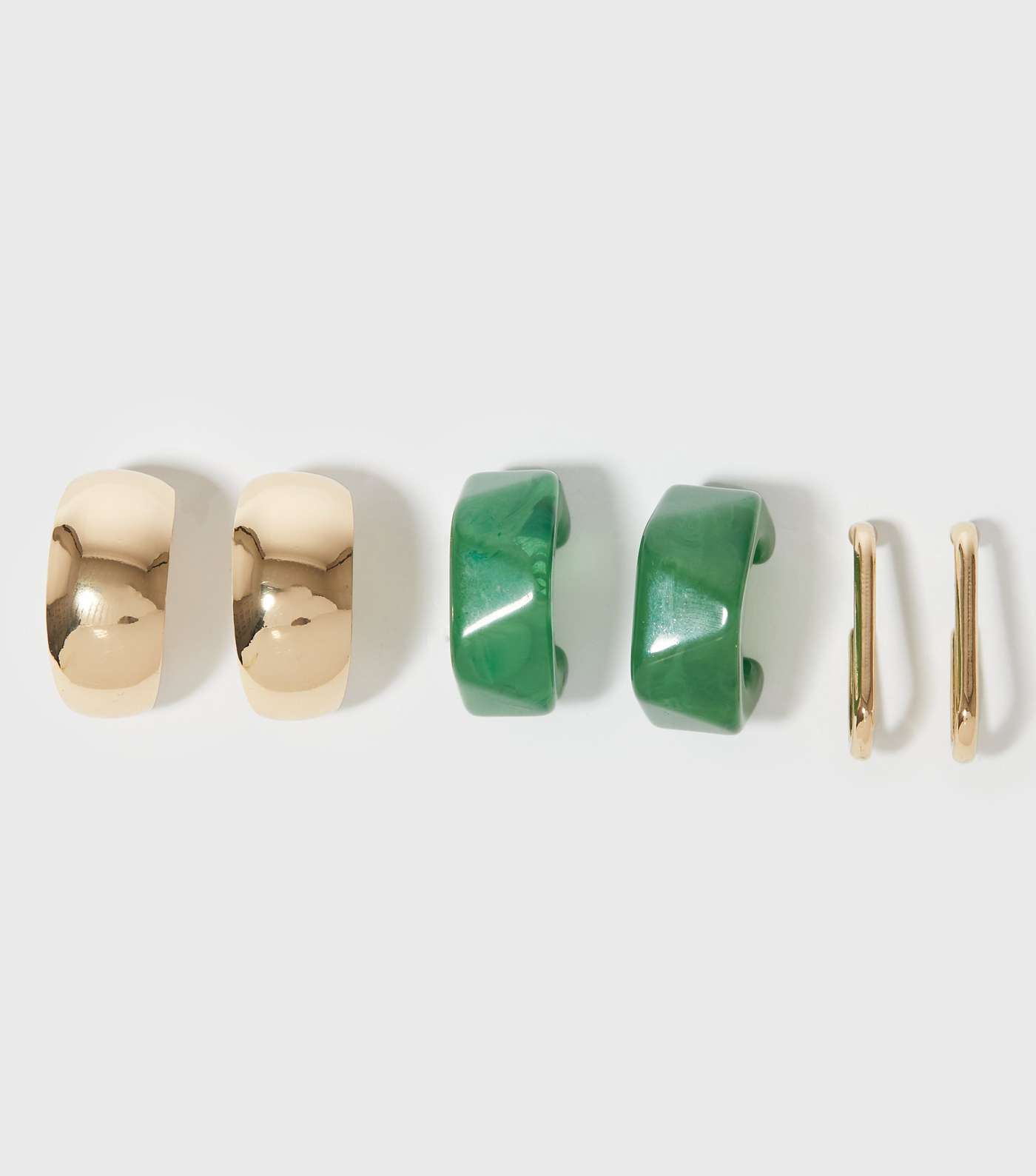 3 Pack Green Resin and Gold Hoop Earrings