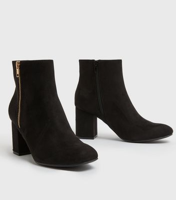 Black Suedette Zip Square Toe Block Heel Ankle Boots