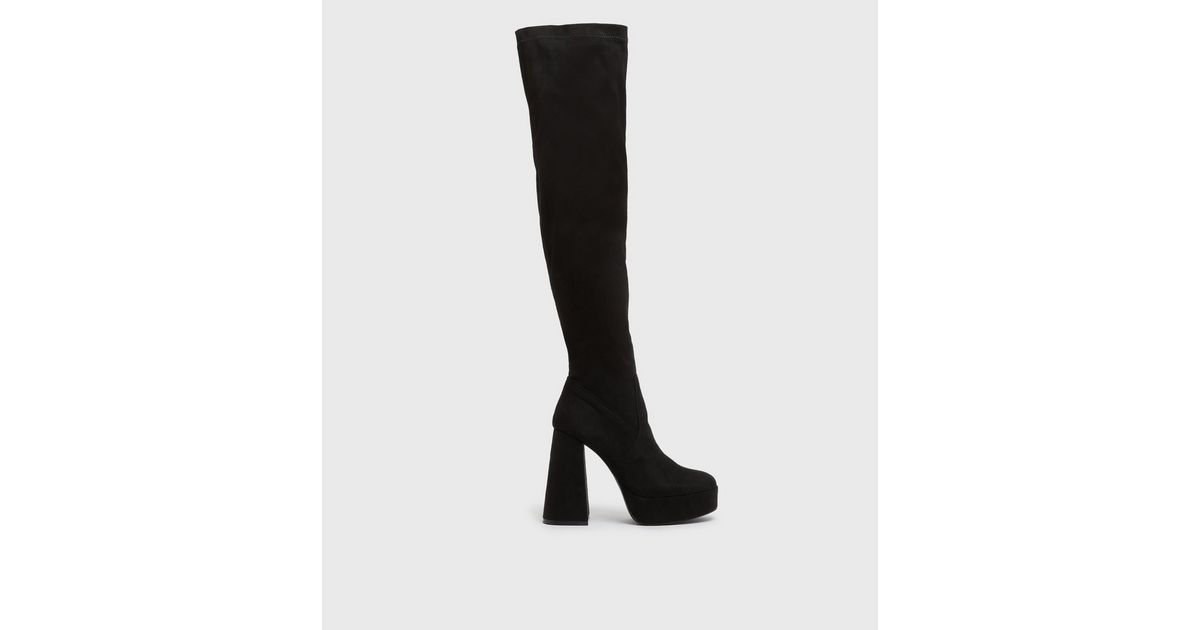 Black Suedette Knee High Block Heel Platform Boots | New Look