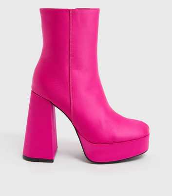 Bright Pink Satin Chunky Block Heel Platform Boots