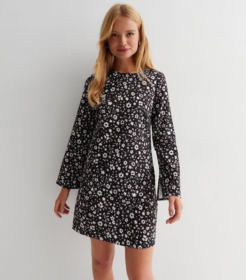 Black Floral Long Wide Sleeve Mini Tunic Dress New Look