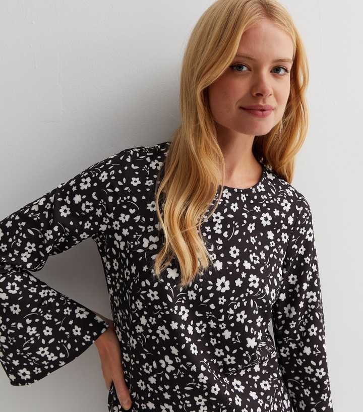 Black Floral Long Wide Sleeve Mini Tunic Dress | New Look