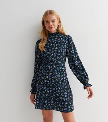 High neck long hot sale sleeve floral dress