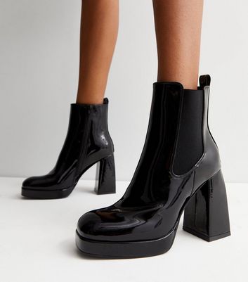 Black patent square outlet toe boots