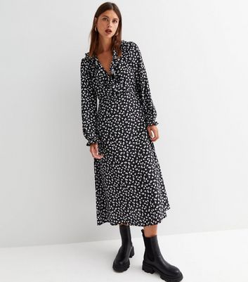 Black Floral Ruffle Long Sleeve Midi Wrap Dress | New Look