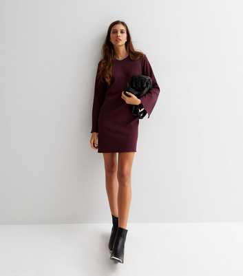 Burgundy Long Wide Sleeve Mini Tunic Dress