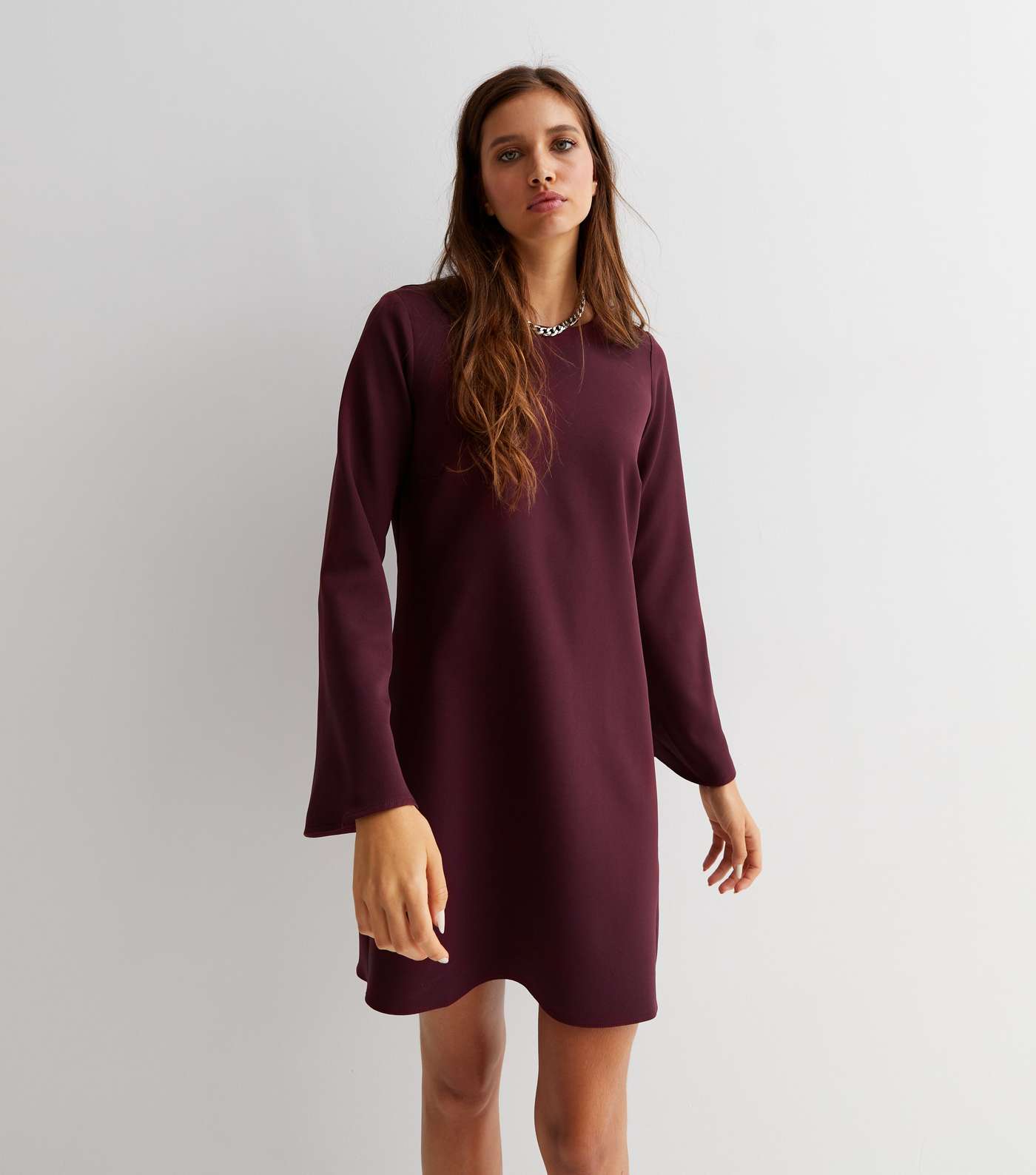 Burgundy Long Wide Sleeve Mini Tunic Dress Image 2