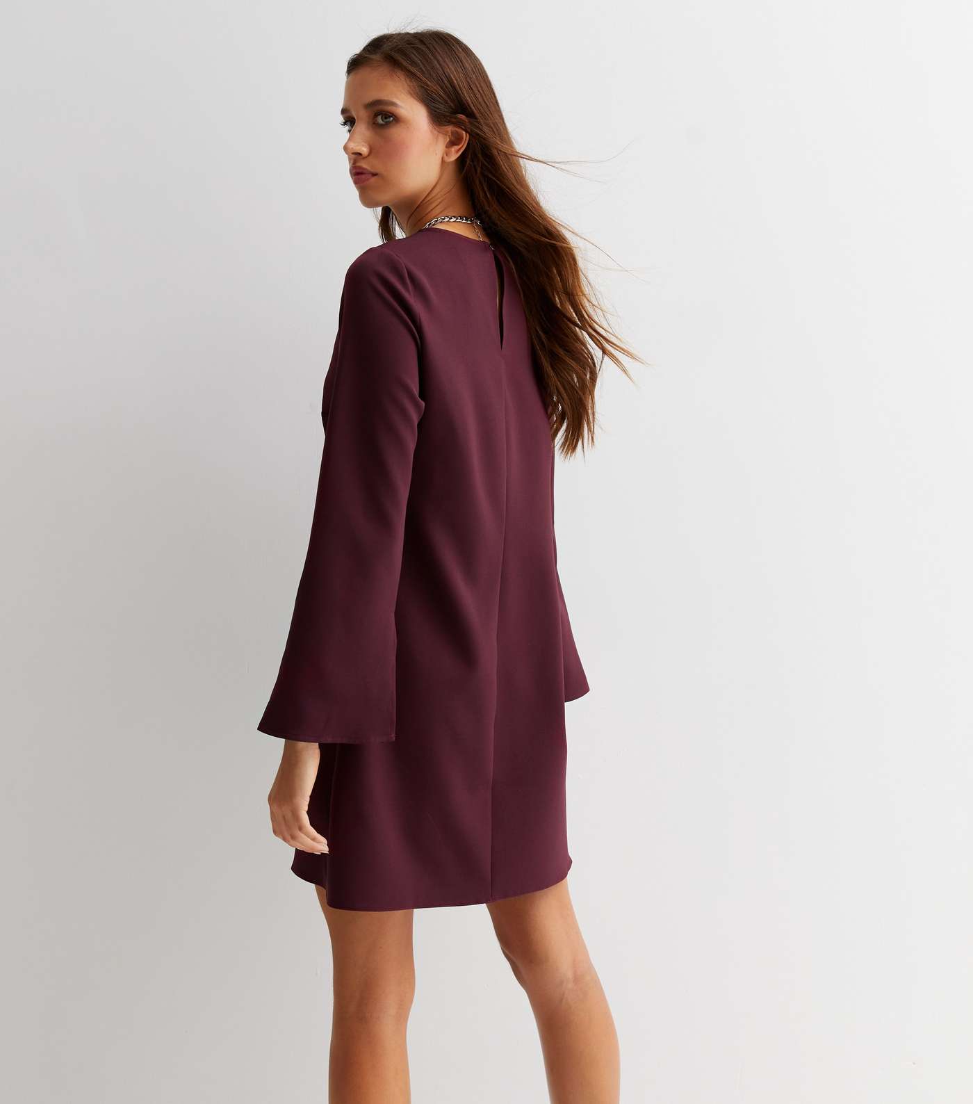 Burgundy Long Wide Sleeve Mini Tunic Dress Image 4