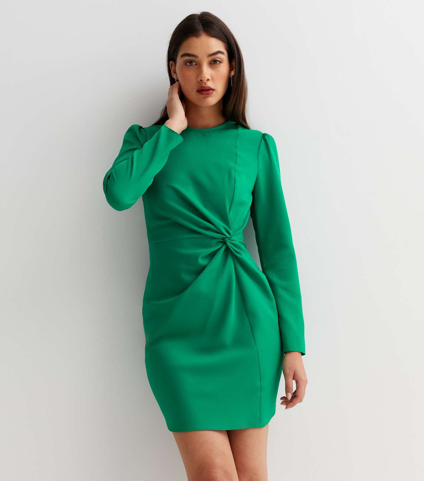 Green Twist Front Long Sleeve Mini Dress