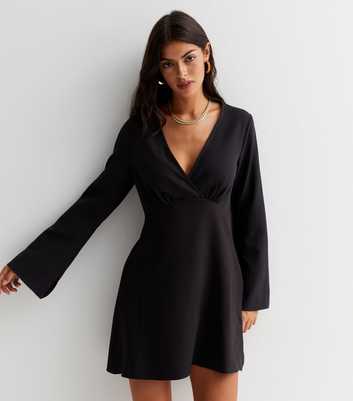 Black Long Wide Sleeve Mini Tunic Wrap Dress