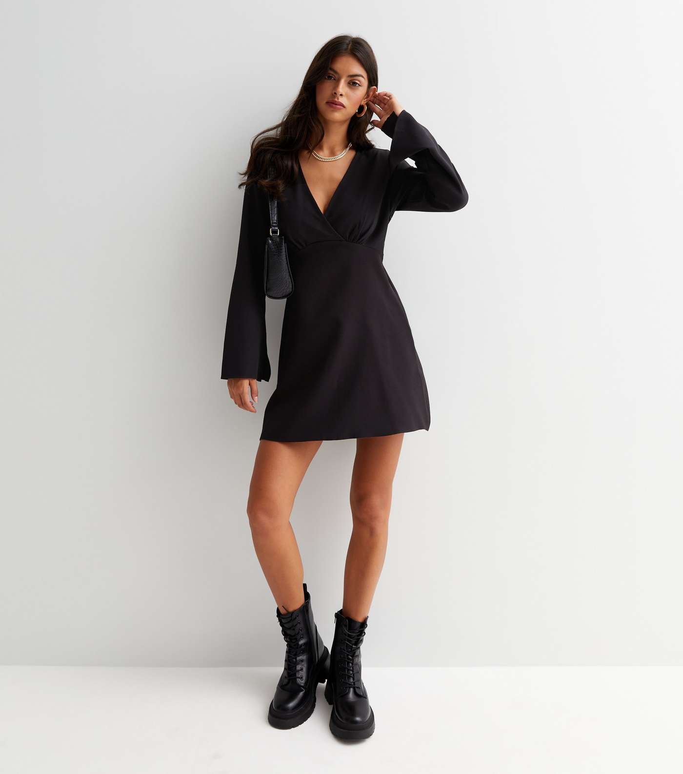 Black Long Wide Sleeve Mini Tunic Wrap Dress Image 2