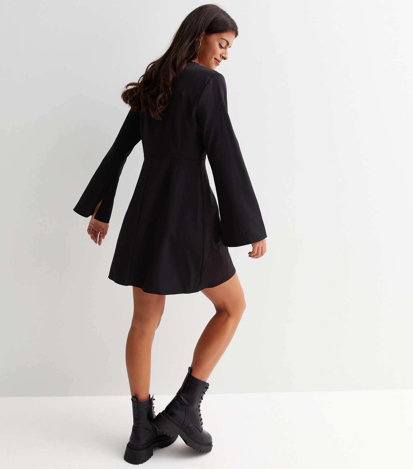 Black Long Wide Sleeve Mini Tunic Wrap Dress Image 4