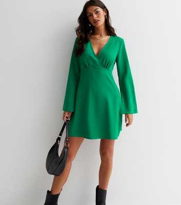 Green Long Wide Sleeve Mini Tunic Wrap Dress