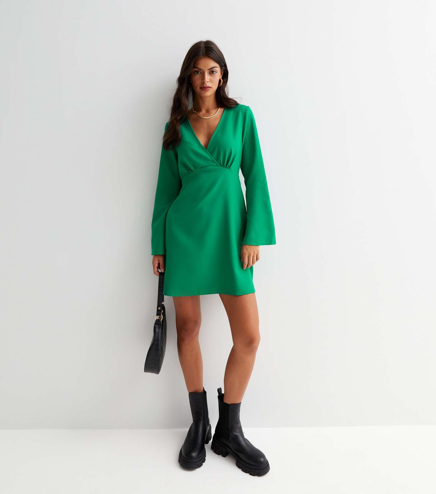 Green Long Wide Sleeve Mini Tunic Wrap Dress Image 2