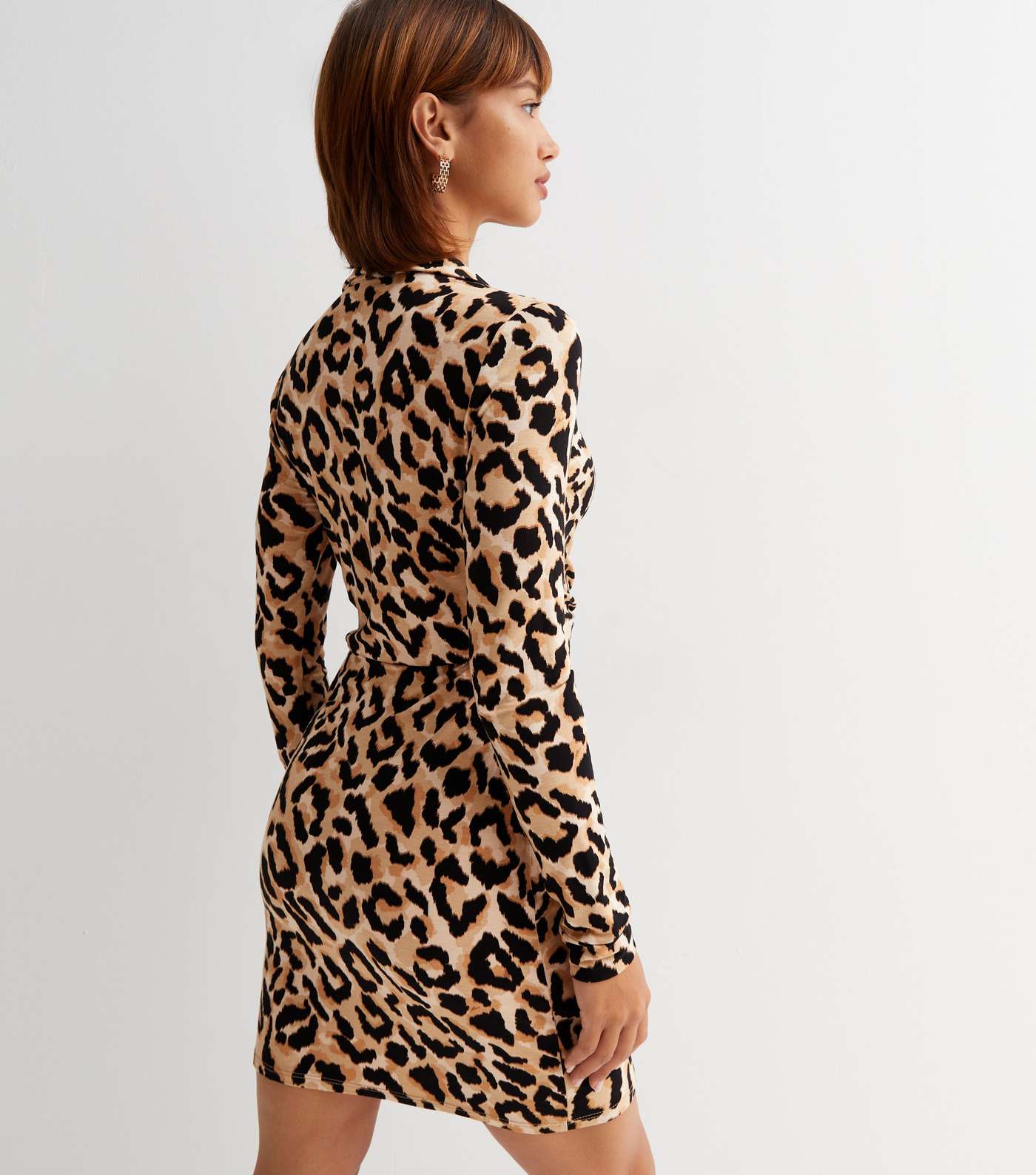 Brown Leopard Print Jersey Collared Mini Wrap Dress Image 4