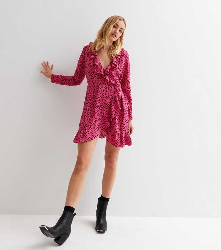 Pink Abstract Ruffle Long Sleeve Mini Wrap Dress