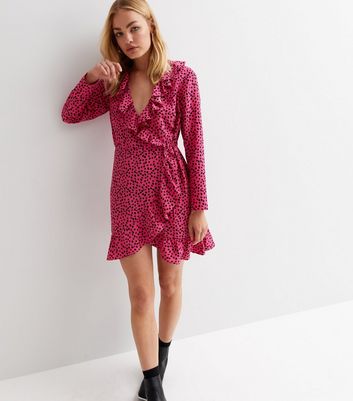 Pink Abstract Ruffle Long Sleeve Mini Wrap Dress | New Look