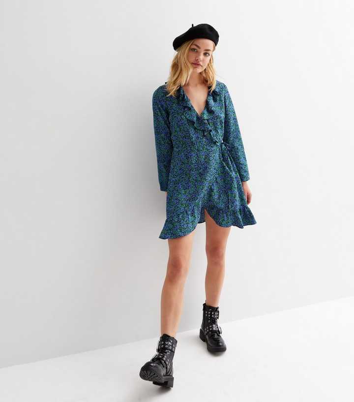 Blue Floral Ruffle Long Sleeve Mini Wrap Dress