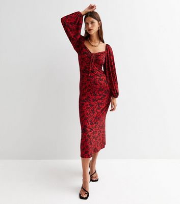 Red Floral Jersey Long Sleeve Tie Front Midi Dress