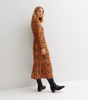 Orange Floral Long Sleeve Tiered Hem 