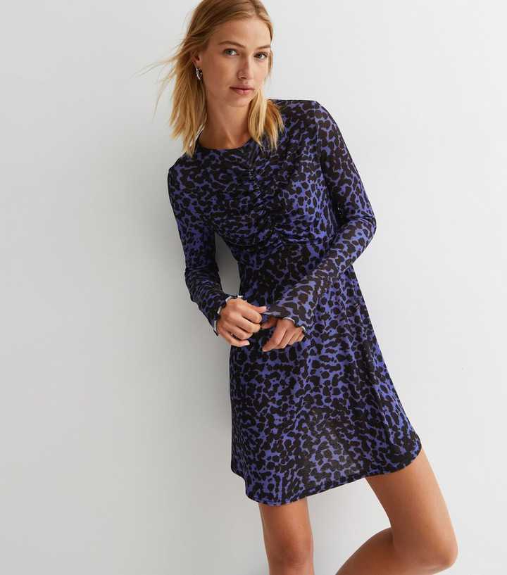 Blue Animal Print Mesh Ruched Mini Dress