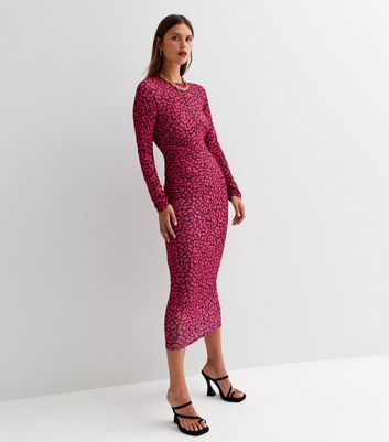 Pink Floral Jersey Long Sleeve Bodycon Midi Dress