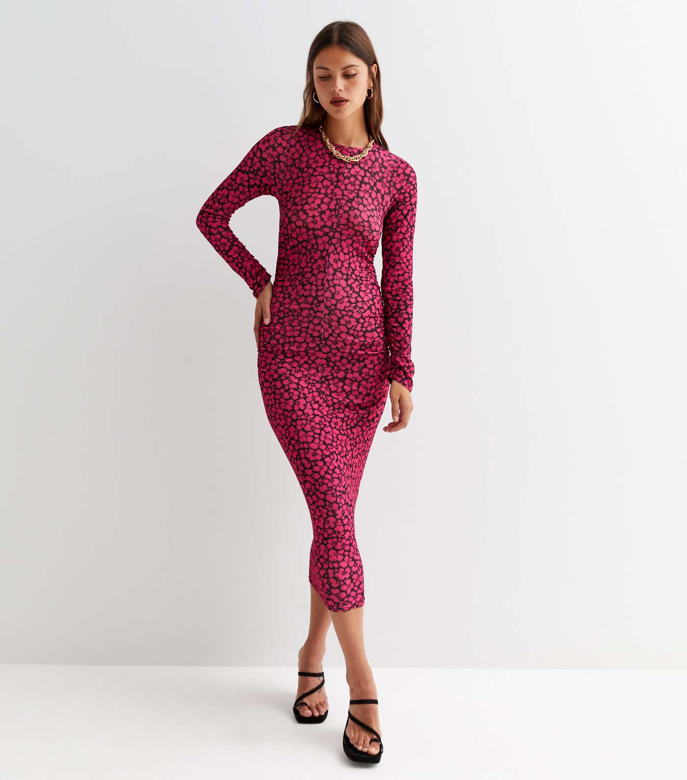 Pink Floral Jersey Long Sleeve Bodycon Midi Dress Image 2