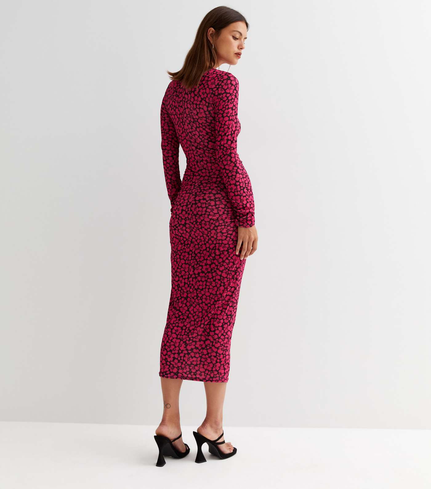 Pink Floral Jersey Long Sleeve Bodycon Midi Dress Image 4