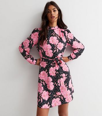 Black Floral High Neck Long Sleeve Belted Mini Dress